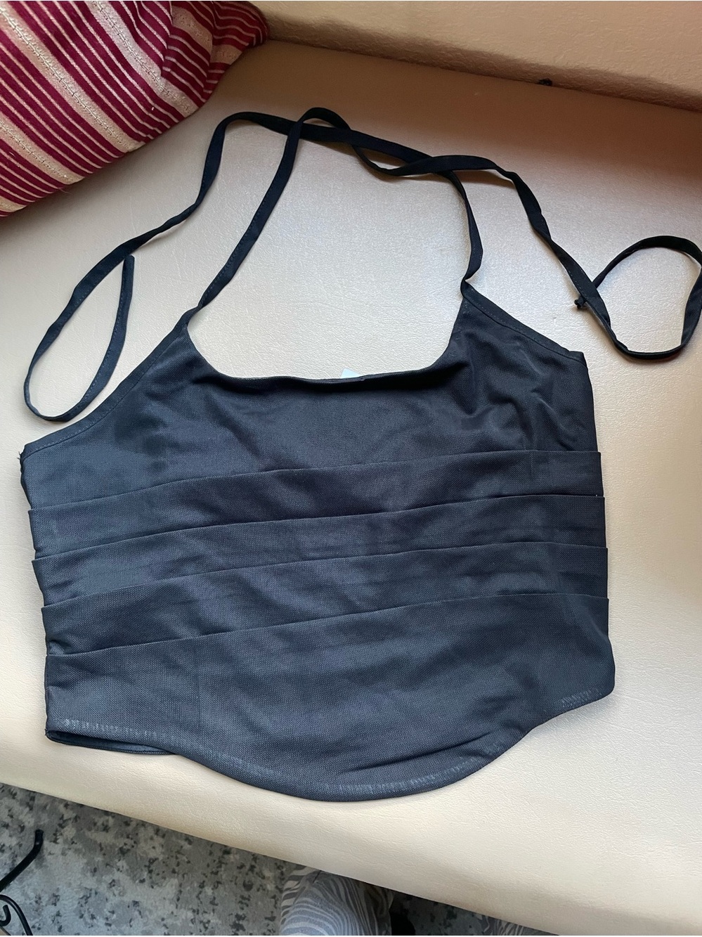 Forever 21 Black Cropped halter top, pleated mesh, size Large.
